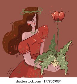 vector illustration, postcard. Medieval princess with a potted plant in her hands. Magic flower, queen sorceress