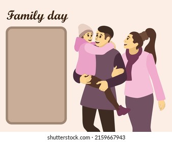 Imagen vectorial de una postal de mamá papá e hija con ropa brillante de fondo blanco. Hija en brazos de padre. Familia con ropa abrigada. Plantilla de antecedentes del Día Internacional de las Familias.