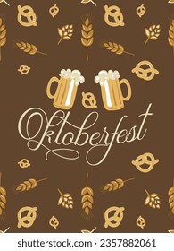 Vector illustration postcard of Oktoberfest with pretzels and wheat on a brown background. Banner, flyer, poster, greeting card.