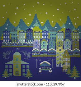 Vector illustration. Postcard on green, violet and blue colors. Unusual christmas illustration. Landscape in magical forest. Amazing fairy house decorated at christmas style.