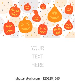 Vector illustration: postcard of orang scary carved pumpking icons isolated on white background. Decorative element for Halloween party greeting cards, posters, postcard, wrapping paper, scrapbooking
