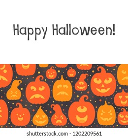 Vector illustration: postcard of orange scary carved pumpking icons isolated on black background. Decorative element for Halloween party greeting cards, poster, postcard, wrapping paper, scrapbooking
