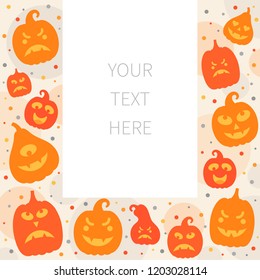 Vector illustration: postcard of orange scary carved pumpking icons isolated on creamy background. Decorative element for Halloween party greeting card, poster, postcard, wrapping paper, scrapbooking
