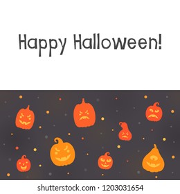 Vector illustration: postcard of orange scary carved pumpking icons isolated on  black background. Decorative element for Halloween party greeting card, poster, postcard, wrapping paper, scrapbooking
