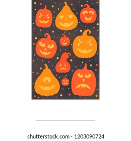 Vector illustration: postcard of orange scary carved pumpking icons isolated on black background. Decorative element for Halloween party greeting cards, poster, postcard, wrapping paper, scrapbooking
