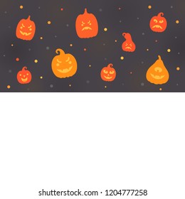 Vector illustration: postcard of orange scary carved pumpking icons isolated on black background. Decorative element for Halloween party greeting cards, poster, postcard, wrapping paper, scrapbooking