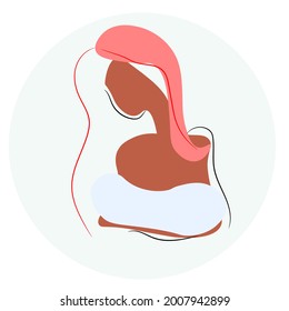 Vector illustration, postcard in outline style for World Breastfeeding Week: long haired mom holding her baby and breastfeeding.
