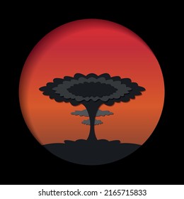 vector illustration of a postcard in a paper-cut style. nuclear explosion on the background of the sunset sky