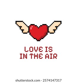 Vector illustration of postcard with pixel red heart with wings and text. Valentine's Day poster. Vintage 8 bit retro game style. Valentine's Day poster with 90's aesthetics.