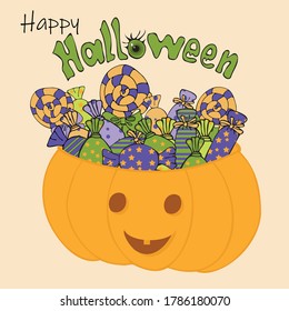 Vector illustration. Postcard, poster for Halloween. Pumpkin with sweets.