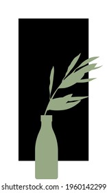 Vector illustration. Postcard, poster. Minimalism. Vase with a plant. Bottle. Branch, leaf. Silhouette. Black background, white frame.