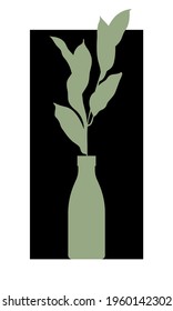 Vector illustration. Postcard, poster. Minimalism. Vase with a plant. Bottle. Branch, leaf. Silhouette. Black background, white frame.