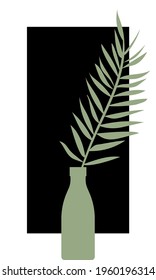 Vector illustration. Postcard, poster. Minimalism. Vase with a plant. Bottle. Branch, palm leaf. Silhouette. Botanical drawing. Black background, white frame.