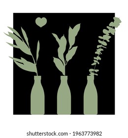 Vector illustration. Postcard, poster. Minimalist. Vase with a plant. Bottle. Branch, leaf. Eucalyptus. Silhouette. Botanical drawing. Black background, white frame.
