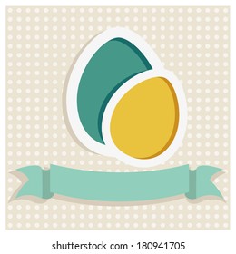 Vector illustration of a postcard or poster template celebrating Happy Easter with tender colored eggs, ribbon and a seamless background pattern