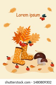Vector illustration, postcard with rubber boots and autumn leaves, autumn elements-apples, leaves, mushrooms