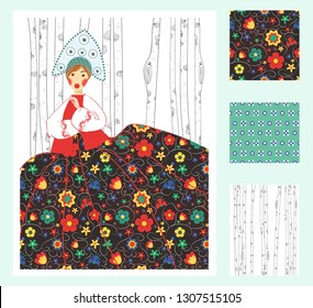 Vector illustration of postcard Russian girl in a skirt and kokoshnik on the background of birches. National patterns.