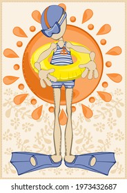 Vector illustration of a postcard from the sea. A cute little man in a mask and flippers. The sun on a background with a floral ornament. Illustration of a little man in a striped swimsuit.