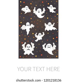 Vector illustration: postcard with set of 8 white scary ghost icons with confettiisolated on black background. Decorative elements for Halloween party greeting cards, posters, postcards, scrapbooking
