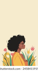 Vector illustration postcard, space for text, young afro black woman feminist outdoors in summer. Strong women, movements for gender equality and women's empowerment