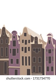 Vector illustration in postcard style with typical European panoramic view. Brick facades in brown and pink colors. White background, portrait orientation, place for a text