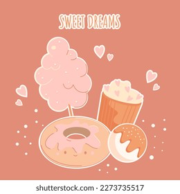 Vector illustration for postcard, sweet dreams message. With donut, cotton candy, cupcake, ice cream. Funny cute print