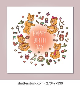 Vector illustration postcard. Teddy bears with with set of birthday items.
