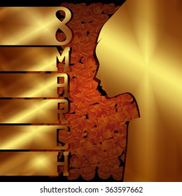 Vector illustration postcard template on 8 March, with several layers of carved like silhouettes, feminine face eight and the word March.