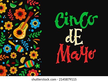 Vector illustration of postcard with text Cinco de Mayo and Mexican symbols for holiday celebration on black background