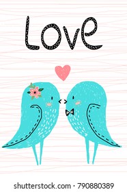 Vector illustration. Postcard for Valentine's day.  cute lovers blue birds.