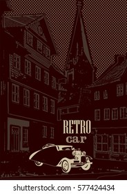 Vector illustration of a postcard of the vintage car parked on the street in the old town