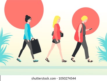 Vector illustration, postcard, walking girls. Character of different young wonan. Goes past red spheres which makes bright accent, plants.