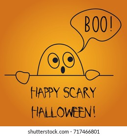 Vector illustration of postcard wishing Happy Scary Halloween with cute ghost saying boo.