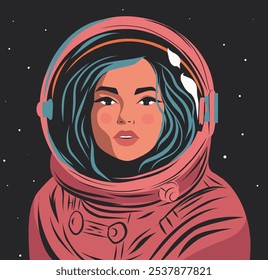 Vector illustration postcard woman astronaut in space on the background of stars. Space Day, Cosmonautics Day. Retro vintage style