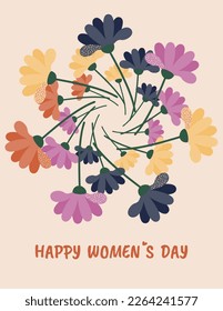 Vector illustration of a postcard for Women's Day on March 8. Decorative ornament in the form of a wreath of stylized flowers in cartoon style. Isolated on a light background.