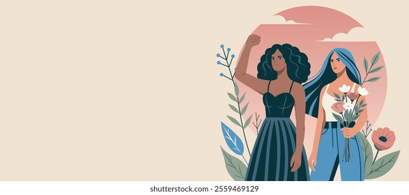 Vector illustration postcard women's day, different women with flowers and protest gesture stand together, gender equality and empowerment. Suitable for feminism projects, website, social media