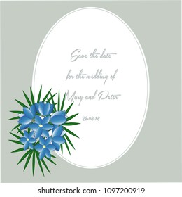 Vector illustration of postcards with decorative flowers of gypsy color and palm leaves on a gray background and a place for a white text. Calligraphic wedding text