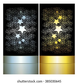 Vector illustration of Postcards with gold and silver stars on a black background.