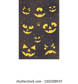 Vector illustration: postcards with set of yellow eyes and sharp teeth of scary monsters and  isolated on black background. Decorative elements for Halloween party greeting card, poster, scrapbooking
