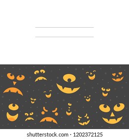 Vector illustration: postcards with set of yellow eyes and sharp teeth of scary monsters and  isolated on black background. Decorative elements for Halloween party greeting card, poster, scrapbooking
