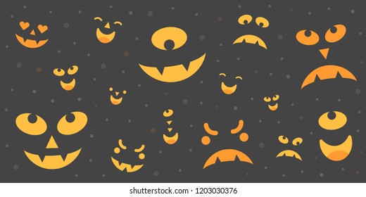 Vector illustration: postcards with set of yellow eyes and sharp teeth of scary monsters and  isolated on black background. Decorative elements for Halloween party greeting card, poster, scrapbooking
