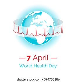 Vector illustration. Poster for 7 April, World Health Day. The Earth in blue and white colors on a white background. Globe and normal cardiogram as a concept for World Health Day. Healthy planet.