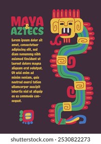 Vector illustration of poster with abstract bright traditional Mayan and Aztec figure. Ethnic symbol on brown background with place for text. Flat cartoon style.