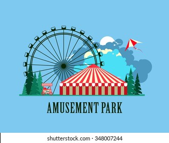 vector illustration poster amusement park rides and a carnival tent