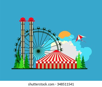 vector illustration poster amusement park rides and a carnival tent
