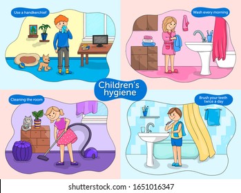 Vector illustration poster baby hygiene. Educational poster for children.