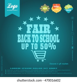 Vector illustration of poster Back to school fair on the turquoise background.