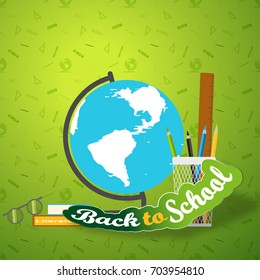 Vector illustration of poster Back to school with globe, books, glasses and curved text cut from paper with shadow on the gradient green background with pattern.