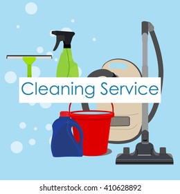 Vector illustration poster, background, wallpaper with cleaning tools, supplies for cleaning service. Cleaning service logo