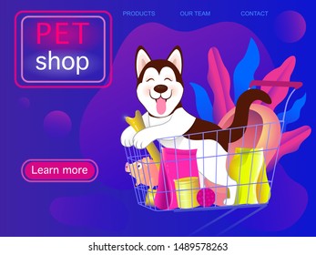 Vector Illustration. Poster or banner design template pet shop. Cute husky dog riding in shopping cart with dog products. Discount or sale coupon, flyer  or landing page concept.